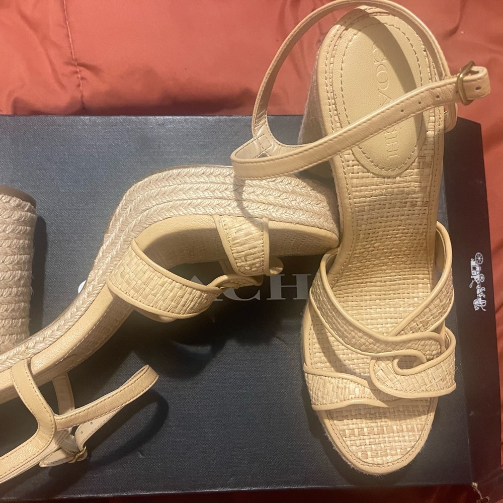 Coach Women's Tan Woven Wedge Sandals